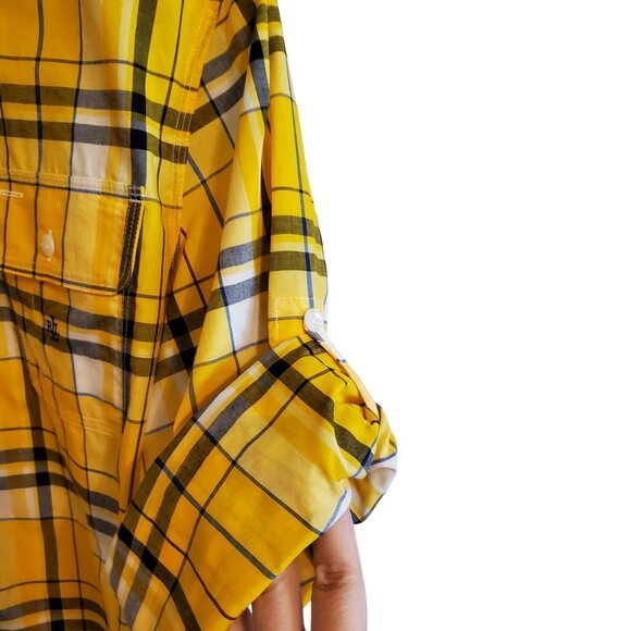 Lauren Ralph Lauren Yellow Blue Plaid Roll Tab Sleeve Button Up Blouse Large - Picture 4 of 14